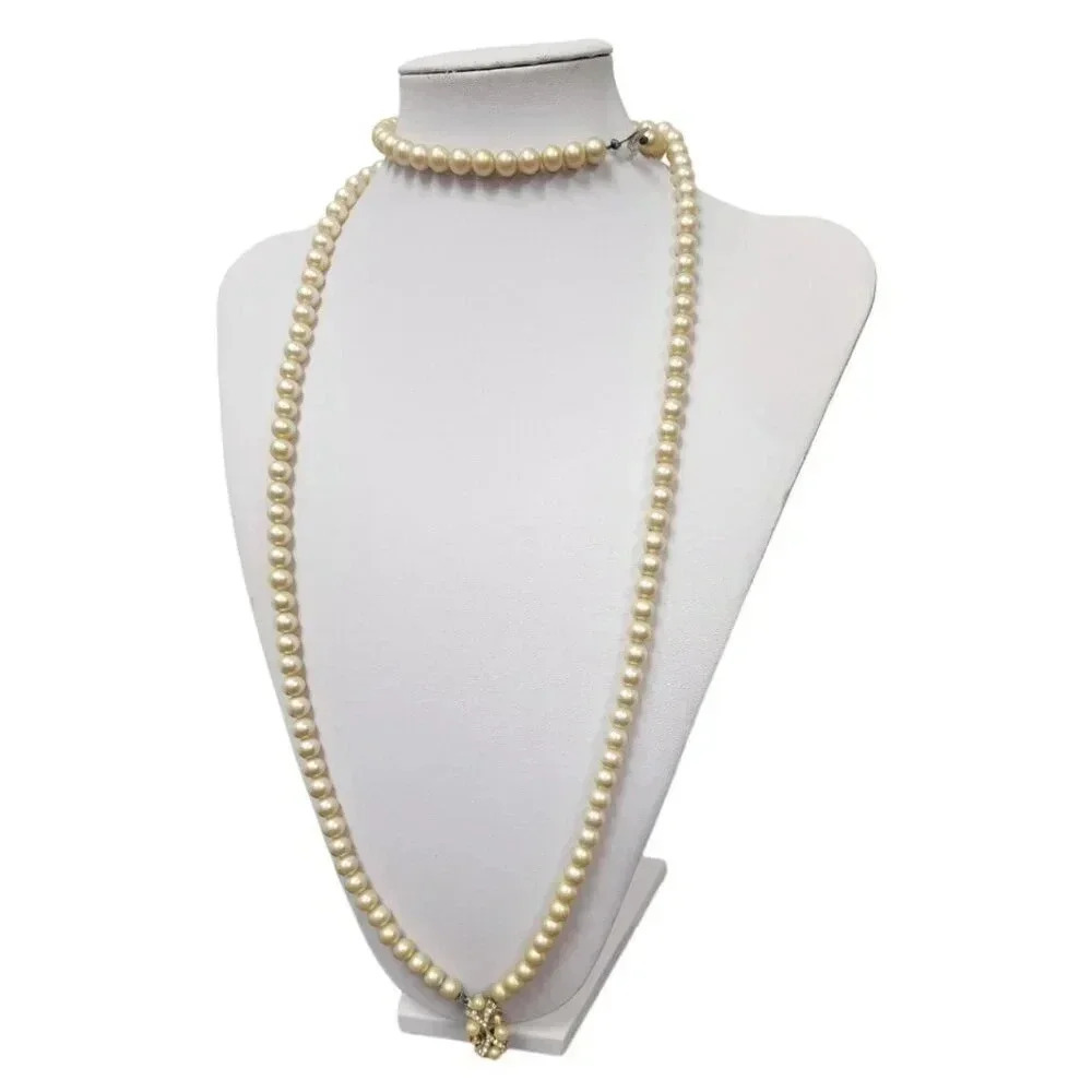 1950s Faux Pearl Beaded Silver Tone Rhinestone Pendant Necklace - 42 inch